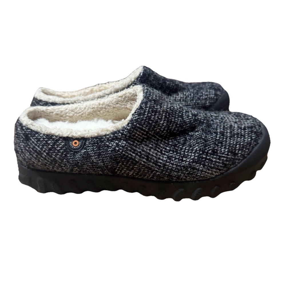 Bogs Womens B Moccasin Low Woven Slipper 7 Black White Fur Lined Cozy Comfy
